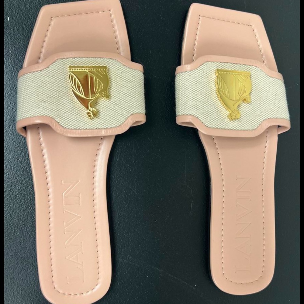 Lanvin Leather Slides, Mother& Daughter, Beige Fabric and Pink Pale leather